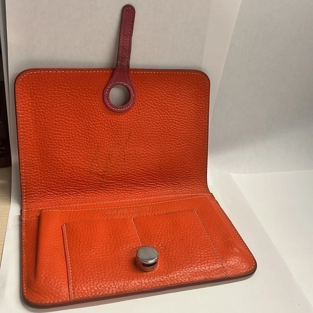 Orange Italian Pebbled Leather Pull Through Closure Clutch Wallet 7.5 x 4.5
